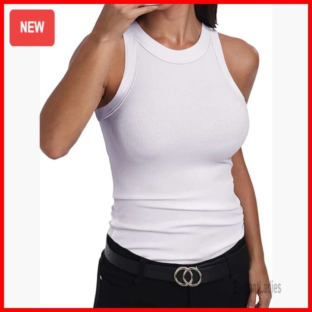 Sleeveless Racerback High Neck Ribbed Cotton Tank Top Fitted Casual